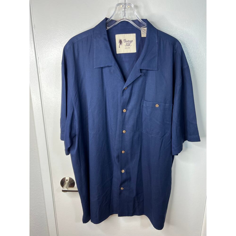 Vintage Silk Circa 1969 Men's Short Sleeve Button Up Shirt Dark Blue ~ Size XXL